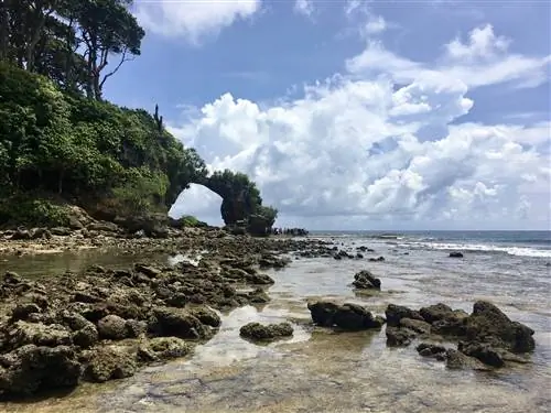 Вид на скалу на пляже острова Нил. Скала подверглась эрозии, образовав большую арку, охватывающую часть каменистого пляжа.