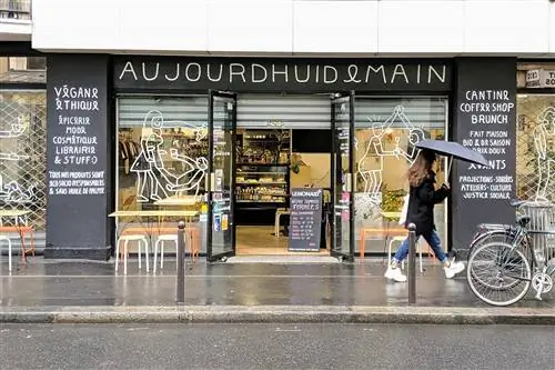 Дама с зонтиком проходит мимо витрины магазина Audjourd'hui Demain; стены черные с белыми вывесками, а на больших окнах нарисованы белые линии.