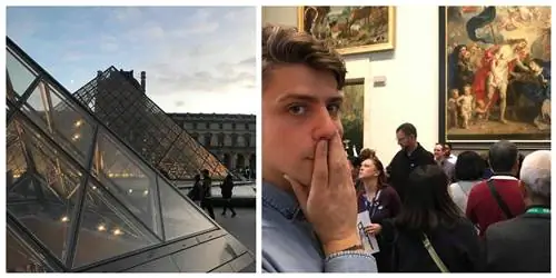 Слева пирамида Лувра светится теплыми огнями, когда солнце садится. Справа мужчина в шоке смотрит на огромную очередь за Мона Лизой