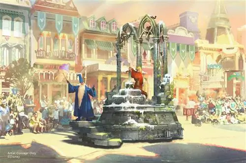 Дебют нового парада «Magic Happens», который состоится 28 февраля 2020 года в Диснейленд-парке в Калифорнии, будет посвящен впечатляющим моментам волшебства, лежащим в основе многих диснеевских историй. В этом новом дневном спектакле будут представлены потрясающие поплавки, красивые костюмы и любимые персонажи Диснея. Изображенный на этом изображении Мерлин из «Меча в камне» мудро указывает путь юному Артуру, который находит в себе магию, вытаскивая меч из камня, претендуя на свое место на троне.
