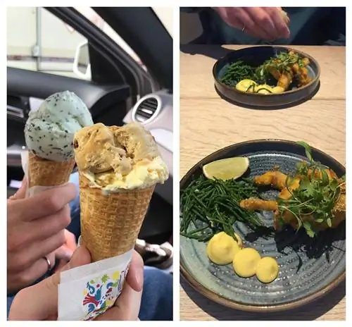 Слева крупный план двух рожков мороженого. Справа две закуски из рыбы в темпуре.