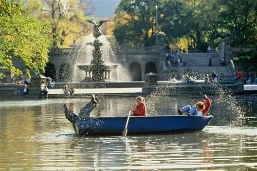 Трое молодых людей, по-видимому, вот-вот выпадут из лодки в пруду в Центральном парке Нью-Йорка; Куда поехать с детьми и подростками