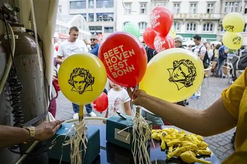 Красные и желтые воздушные шары с изображением лица Бетховена на желтых.