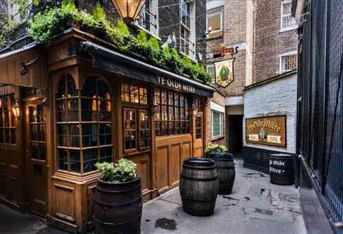 Внешний вид паба Ye Olde Mitre в Лондоне. В пабе много решетчатых окон и деревянных панелей. В верхней части паба есть много сочных кашпо и несколько столиков на открытом воздухе.
