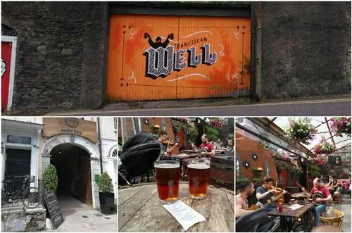 Вверху: оранжевые ворота Францисканского колодца: внизу слева: арочный вход в паб; посередине: две пинты на деревянном столе в саду; справа: выступление традиционных музыкантов в саду.