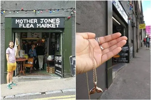 Изображение разделено на две половины: слева приятель Кристины стоит у входа на блошиный рынок Mother Jones; внутри можно увидеть безделушки и мебель в продаже; на другой половине фотографии рука Кристины сжимает кулон, который она купила на рынке.