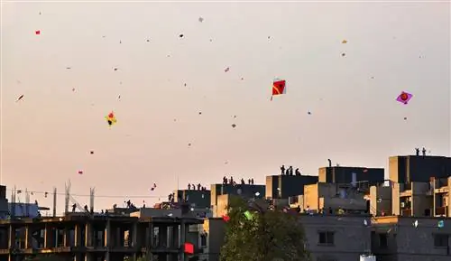 Красочные воздушные змеи летают над крышами Ахмадабада в сумерках. На крышах зданий видны силуэты людей.