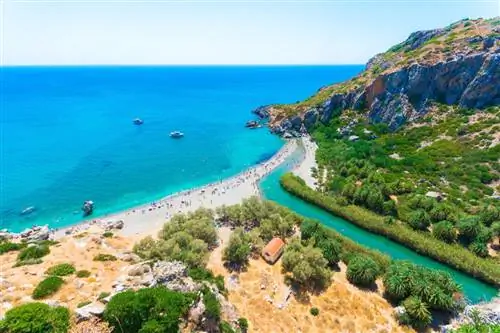 Вид на пляж Превели в Ливийском море, с рекой и пальмовым лесом, на юге Крита, Греция.