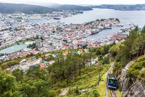 Поезд Fløibanen идет во Флёйен, Берген, Норвегия.