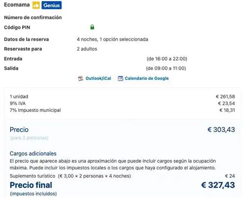 Пример туристического налога и сборов в цене Ecomama в Амстердаме