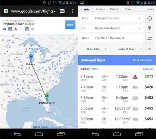Приложение Google Flight Search для Android