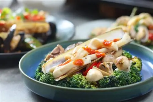 Моллюск-бритва с салатом из брокколи и грибов SURF ‘N TURF Ужин «шведский стол»