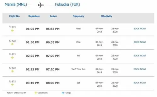 Расписание рейсов Манила - Фукуока по состоянию на ноябрь 2019 г.