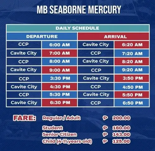 Ежедневное расписание и тарифы от MB Seaborn Mercury Cavite до CCP