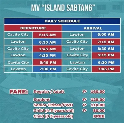 Расписание паромов из MV Island Sabtang Cavite City в Лоутон и тарифы на проезд