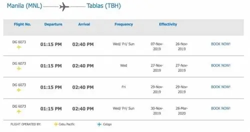 Расписание рейсов Себу Пасифик Манила - Таблас Ромблон по состоянию на ноябрь 2019 г.