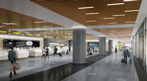 Коридор прибытия и зал иммиграции нового терминала оформлены в мягких серых и кремовых тонах, имитирующих оттенки скальных образований на склоне горы и русла реки, уникальные для этой местности.