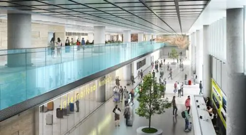 Зона встреч - это яркое и сияющее пространство с оттенками синего и зеленого, которые служат напоминанием о чистых водах и зелени ландшафта Пампанги.