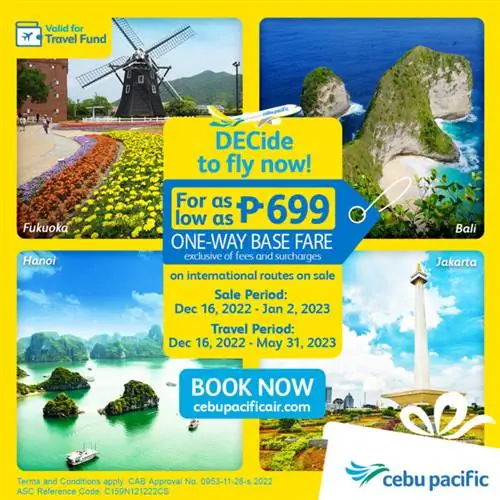 Летайте за границу рейсом Cebu Pacific всего за 699 филиппинских песо. Летайте за границу рейсом Cebu Pacific всего за 699 филиппинских песо.