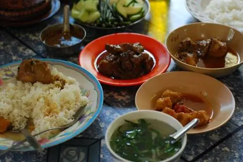 Традиционный бирманский набор карри с супом, рисом, овощами, рыбным соусом (приправами) и карри от Magic-World через Wikimedia cc