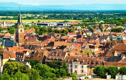 Леонид Андронов / Shutterstock. Вид с воздуха на очаровательную деревню Обернэ в Верхнем Рейне, Эльзас