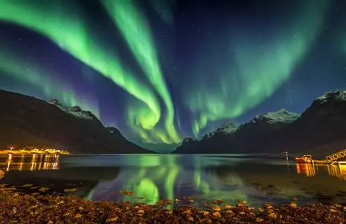 Симона Граменья / Shutterstock. Мерцающее зеленое северное сияние над фьордом