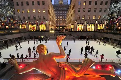 педросала / Shutterstock. Большой каток в Рокфеллер-центре, у подножия гигантской рождественской елки.
