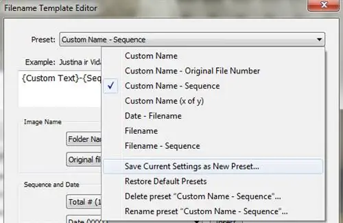 Использование редактора шаблонов имен файлов в Lightroom