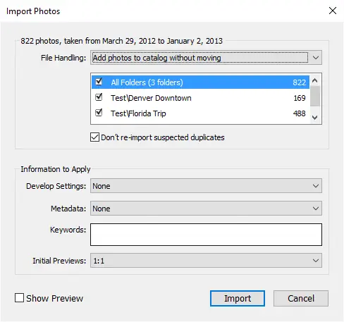 Диалоговое окно импорта Lightroom 2