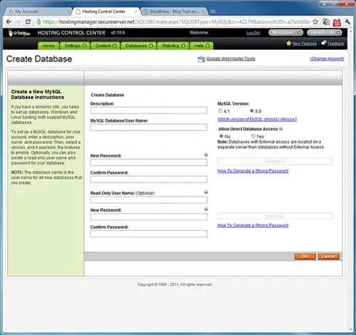 Создать базу данных MySQL