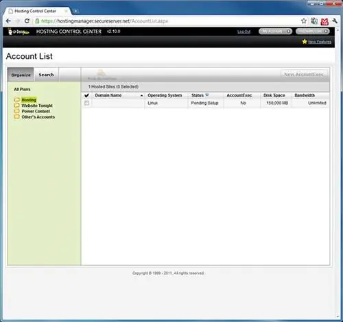 Центр учетных записей хостинга ожидает настройки