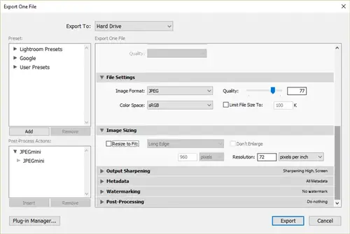 Экспорт Lightroom в формате JPEG