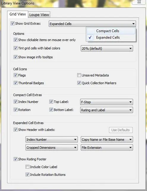 Параметры просмотра сетки библиотеки