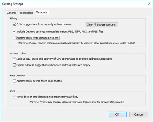Lightroom автоматически записывает изменения в XMP