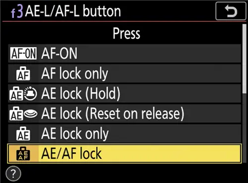 Меню кнопки AF-L Nikon AE-L