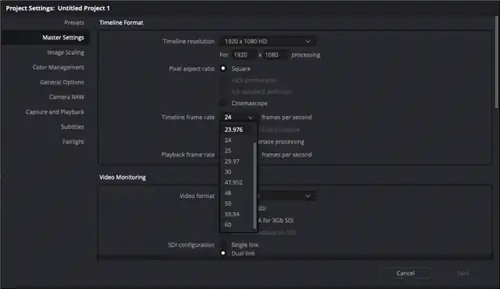 Выбор частоты кадров в Davinci Resolve