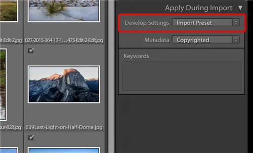 Когда вы импортируете фотографии в Lightroom, у вас есть возможность автоматически применить настройки обработки. Здесь я выбрал пресет импорта, который устанавливает нулевое снижение цветового шума.