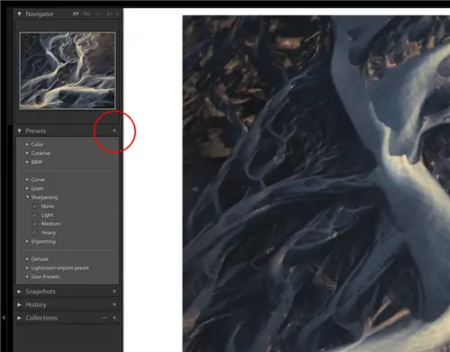 На этом снимке экрана Lightroom показано, как добавить новый пресет в модуль «Разработка».