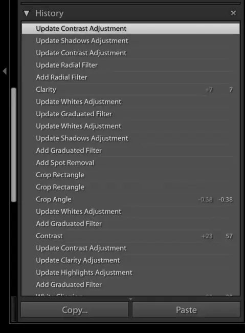 Панель истории Lightroom