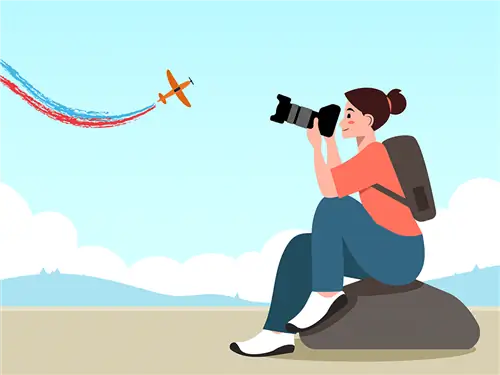 Фотограф фотографирует самолеты авиашоу с иллюстрацией телеобъектива