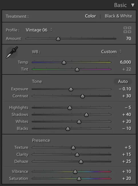Пример базовой панели Lightroom из фотографии Pyramid Dune Photo