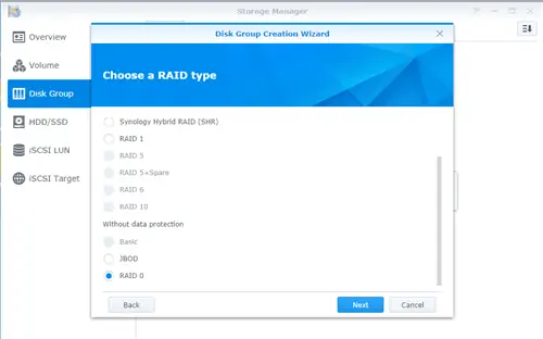 Мастер создания группы дисков ioSafe RAID 0