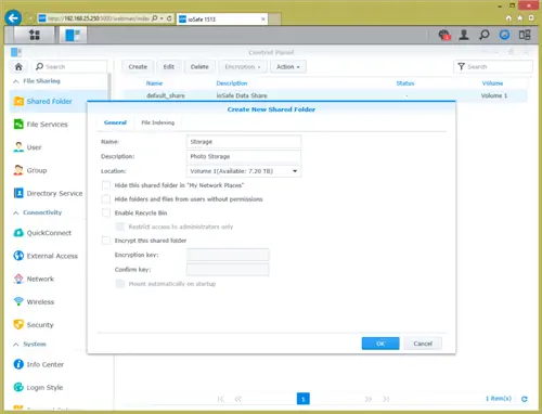Настройка общей папки ioSafe 1513
