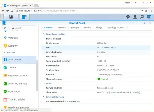 Информационный экран Synology DSM