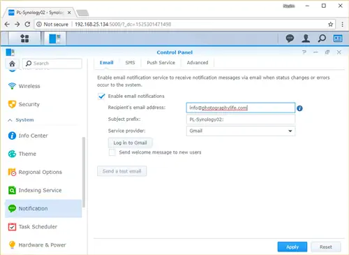 Уведомления Synology по электронной почте