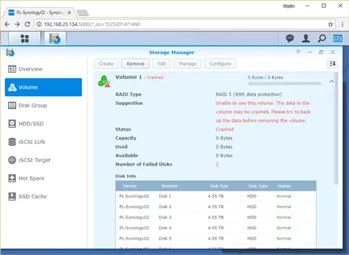 Synology Storage Manager Удаление поврежденного тома