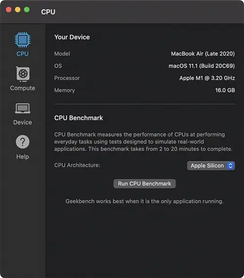 Страница устройства Apple MacBook Air M1 в Geekbench 5