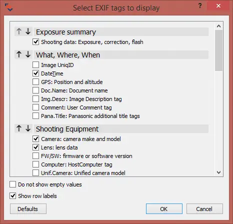Подокно EXIF FastRawViewer