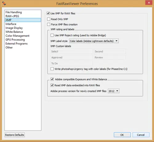 Настройки FastRawViewer XMP