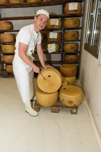 Лука бьет сыр молотком, чтобы проверить его качество.